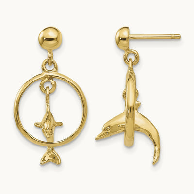 Polished 3-D Dolphin Jumping Through Hoop Dangle Earrings, 14K