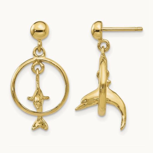 Polished 3-D Dolphin Jumping Through Hoop Dangle Earrings, 14K