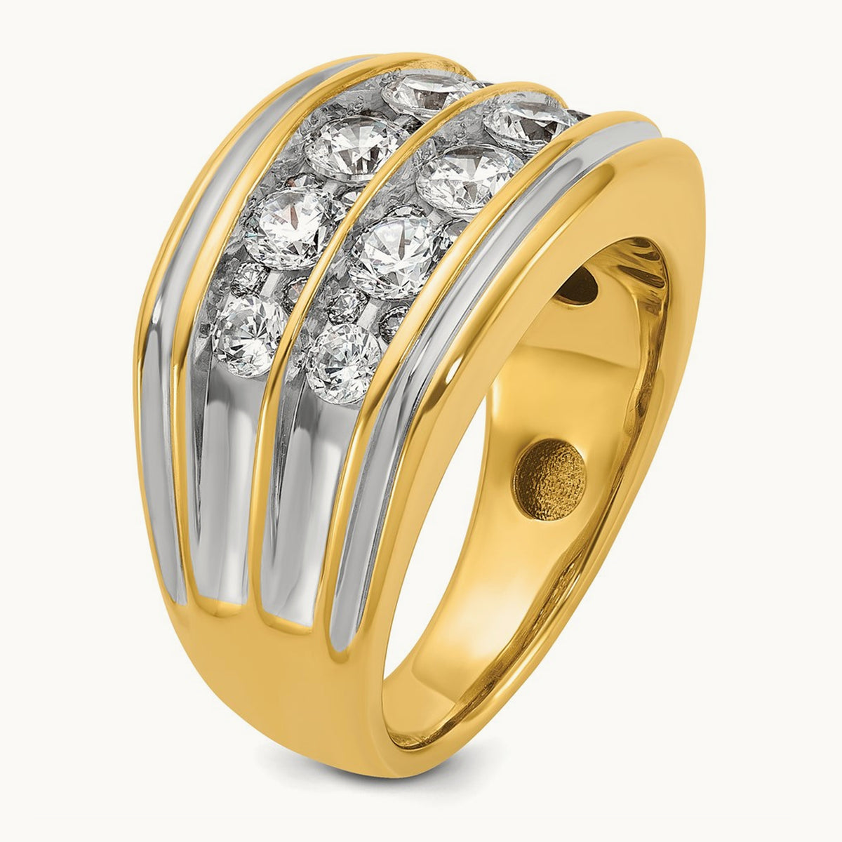 w/ White RH IBGoodman Men's Polish/Grooved 2-Row Dia Ring, 14K