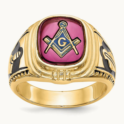 Men's Textured w/ Black Enamel & Lab Cr. Ruby Masonic Ring, 14K