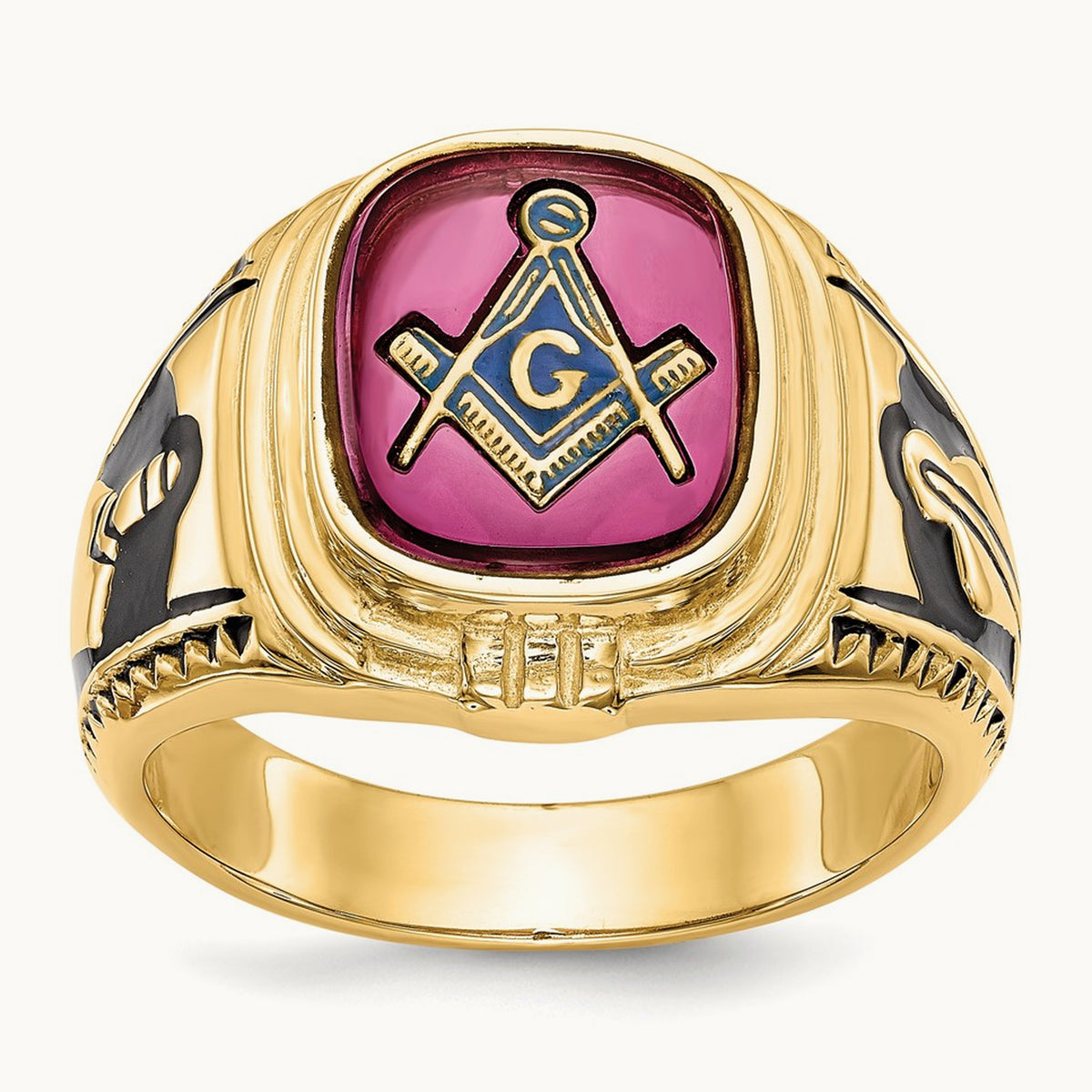 Men's Textured w/ Black Enamel & Lab Cr. Ruby Masonic Ring, 14K