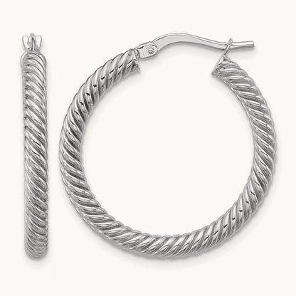 Twisted Round Hoop Earrings — 14K White Gold, 3x26mm