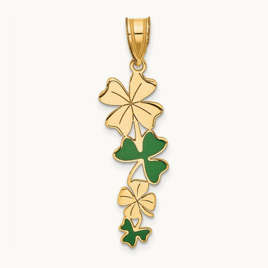 Polished with Green Enameled Clovers Pendant, 14K