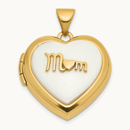 Polished White Agate Mom Heart Locket, 18mm, 14K