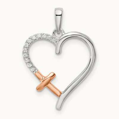 Heart w/Cross Diamond Pendant, 14K Two-tone White with Rose