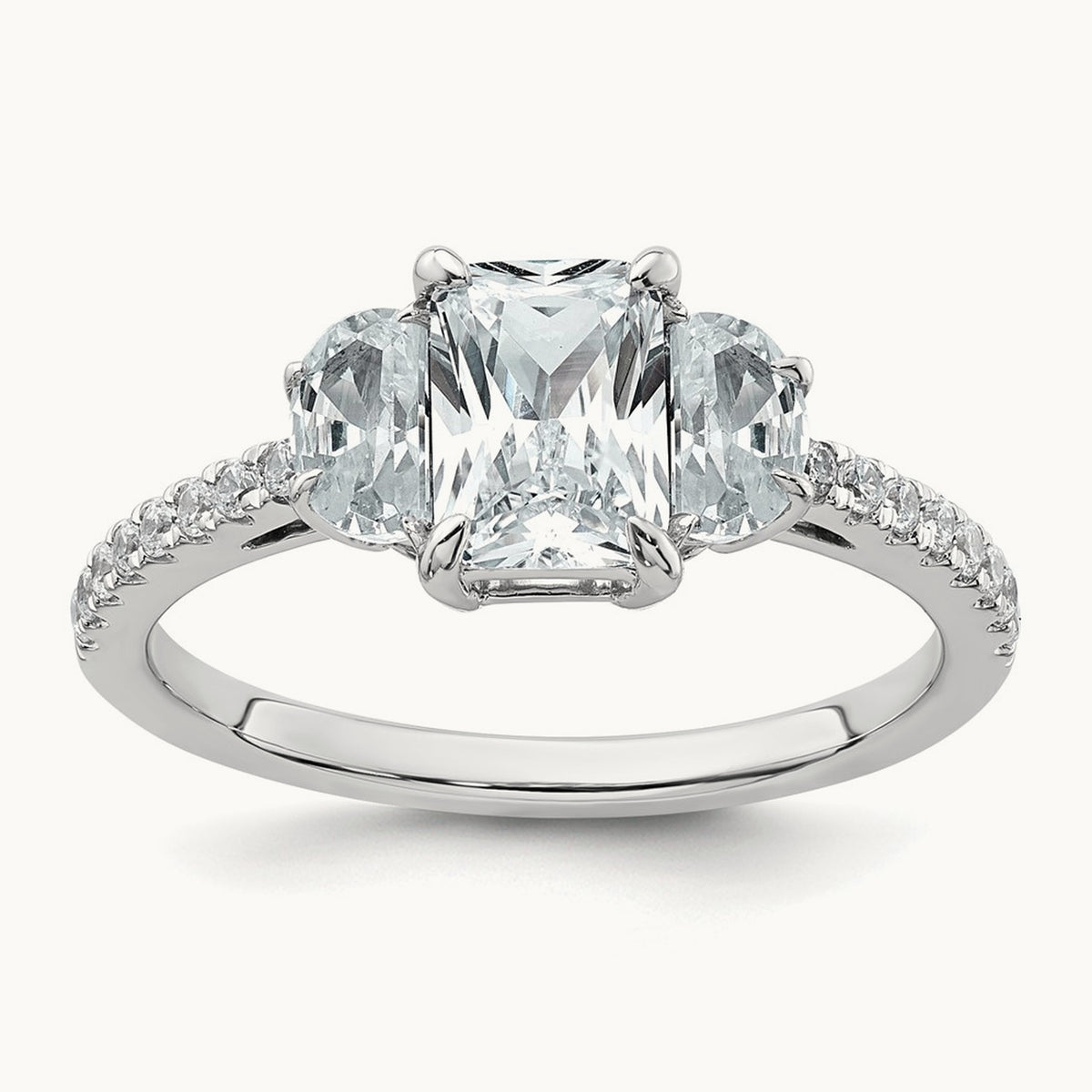 F+Half Moon Radiant Semi-Mount 3 Stone Engagement Ring, 0.75 ct tw Lab-Grown Diamond