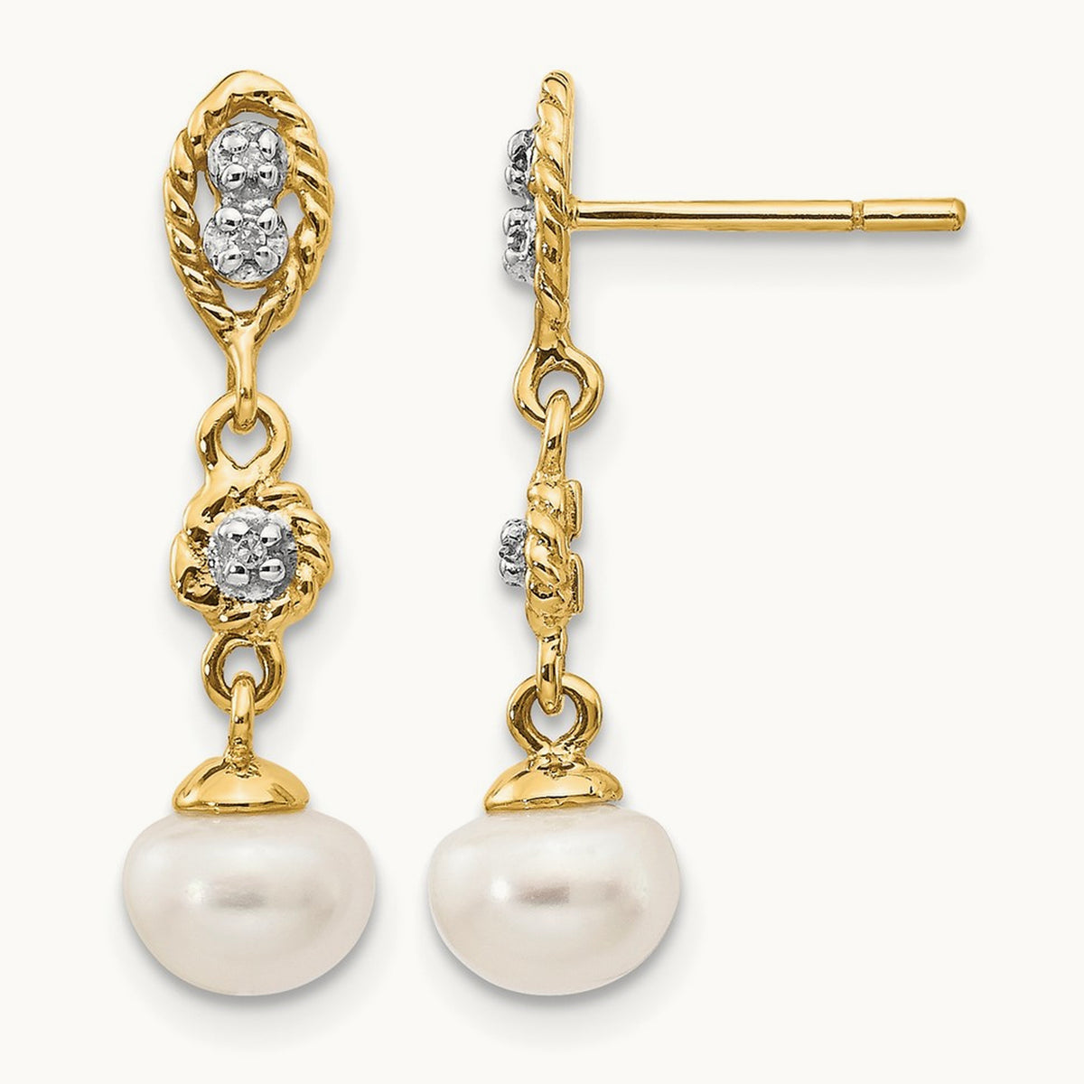 w/Rhodium 6- Semi-round FWC Pearl .02ct Diamond Earrings, 7mm, 14K
