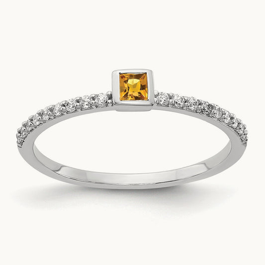 Diamond and Princess Citrine Ring, 14K White Gold