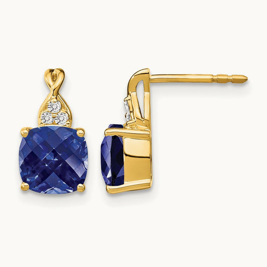 Checkerboard Created Sapphire and Diamond Earrings, 14K