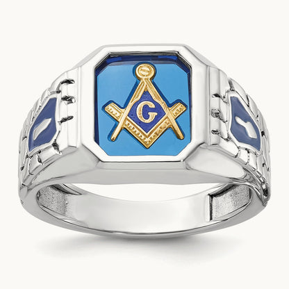 IBGoodman Textured Enamel Cr. Sapphire Blue Lodge Masonic Ring, 14K White Gold
