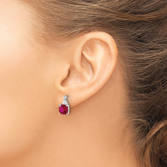 Checkerboard Created Ruby and Lab-Grown Diamond Earrings — 14K White Gold