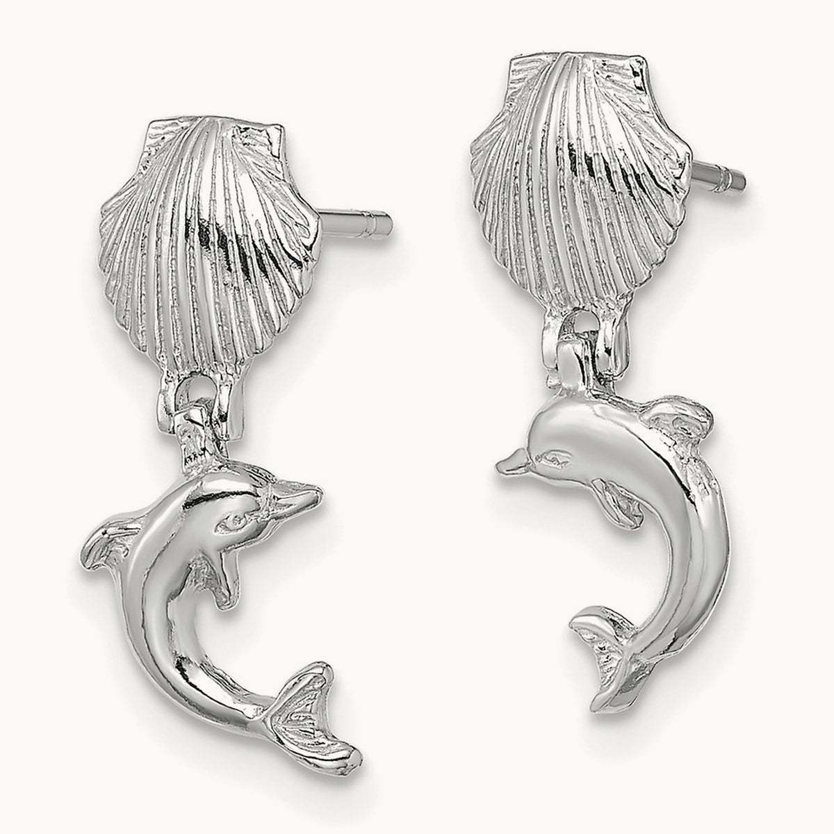 Dolphin Dangle From Mini Scallop Earrings, 14K White Gold