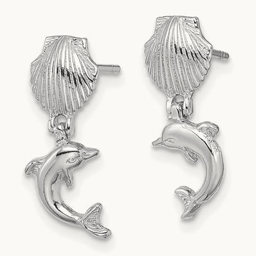 Dolphin Dangle From Mini Scallop Earrings, 14K White Gold