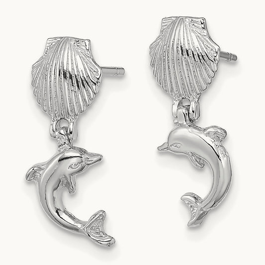 Dolphin Dangle From Mini Scallop Earrings, 14K White Gold