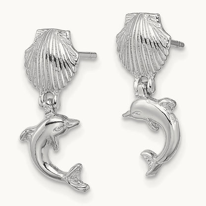 Dolphin Dangle From Mini Scallop Earrings, 14K White Gold