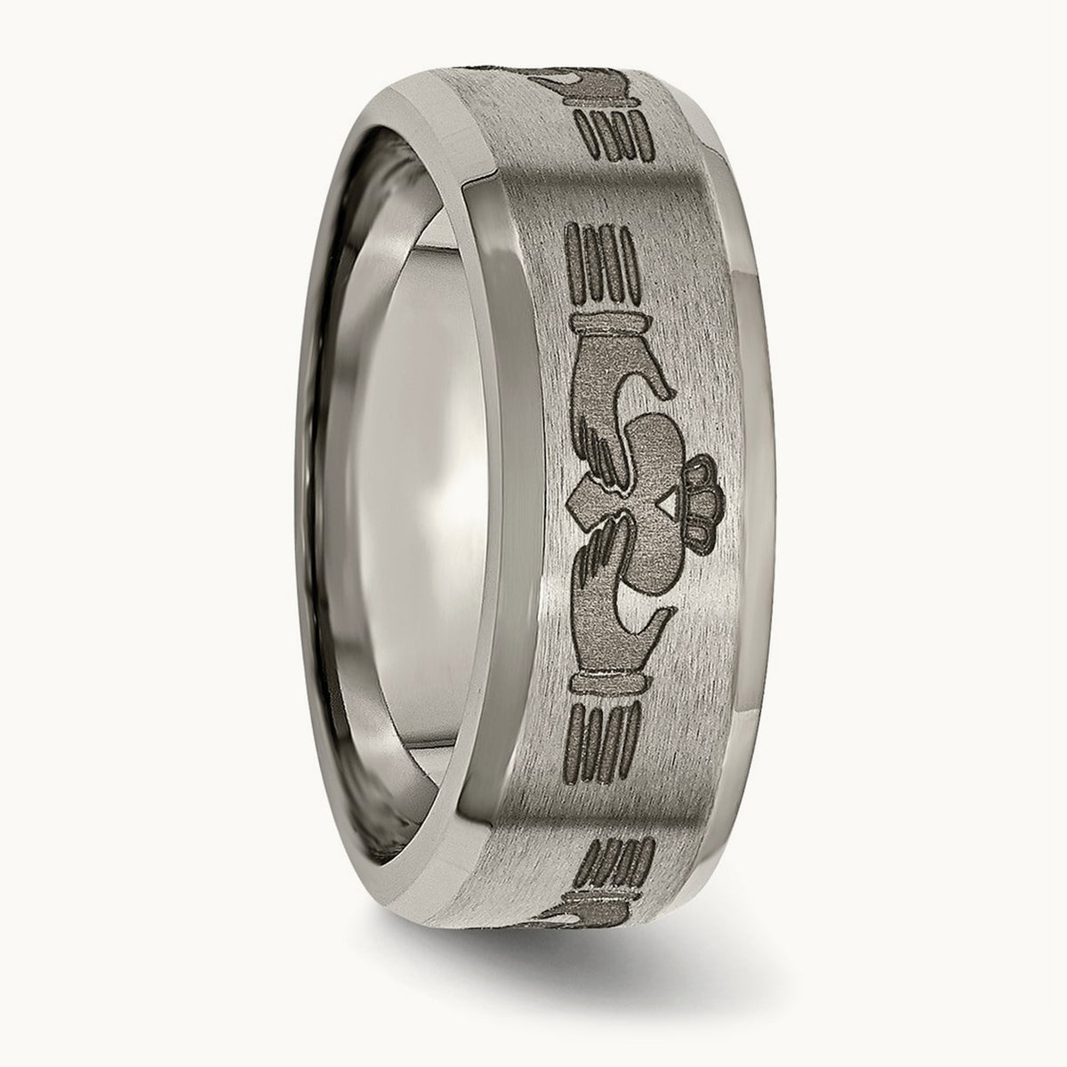 Brushed/Polished Claddagh Laser Design Beveled Edge Band — photo set (2)
