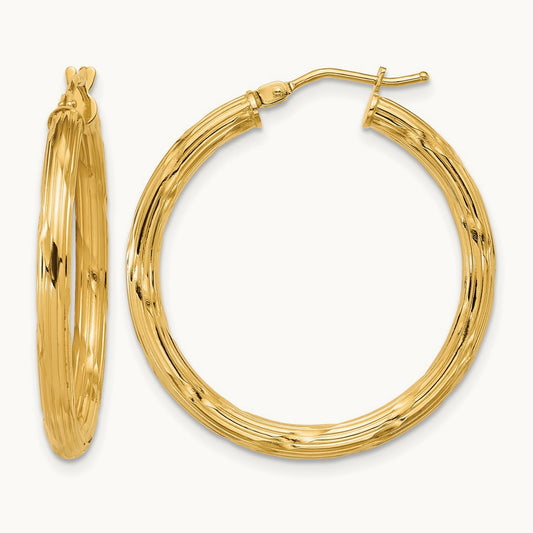Polished and Grooved Round Hoop Earrings, 10K — Leslie's