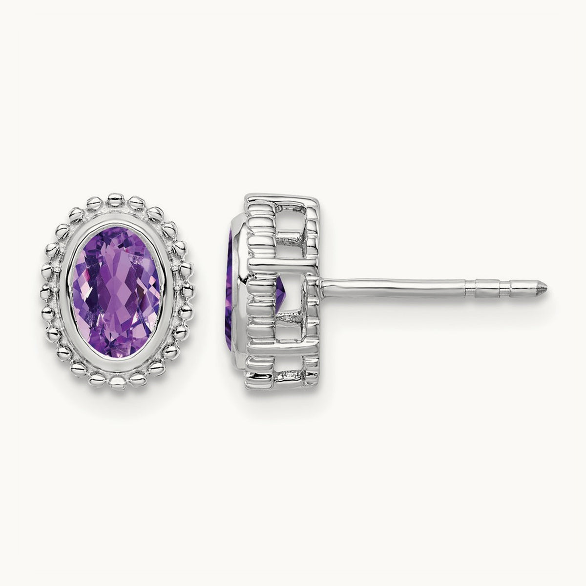 Oval Amethyst Post Earrings — 14K White Gold