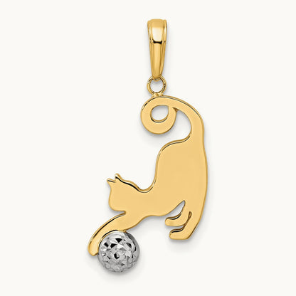 Diamond-cut Cat and Ball Pendant, 14K with White Rhodium