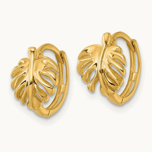 Polished Monstera Leaf Hinged Round Hoop Earrings, 14K