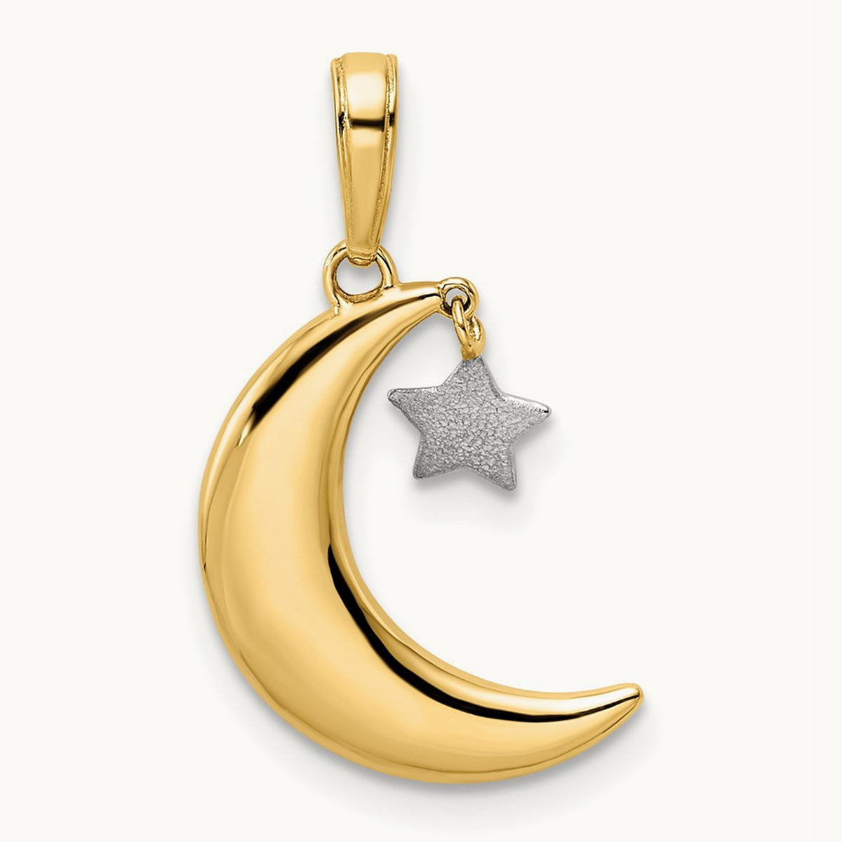 & White Rhodium Moon w/ Dangle Star Pendant, 14K