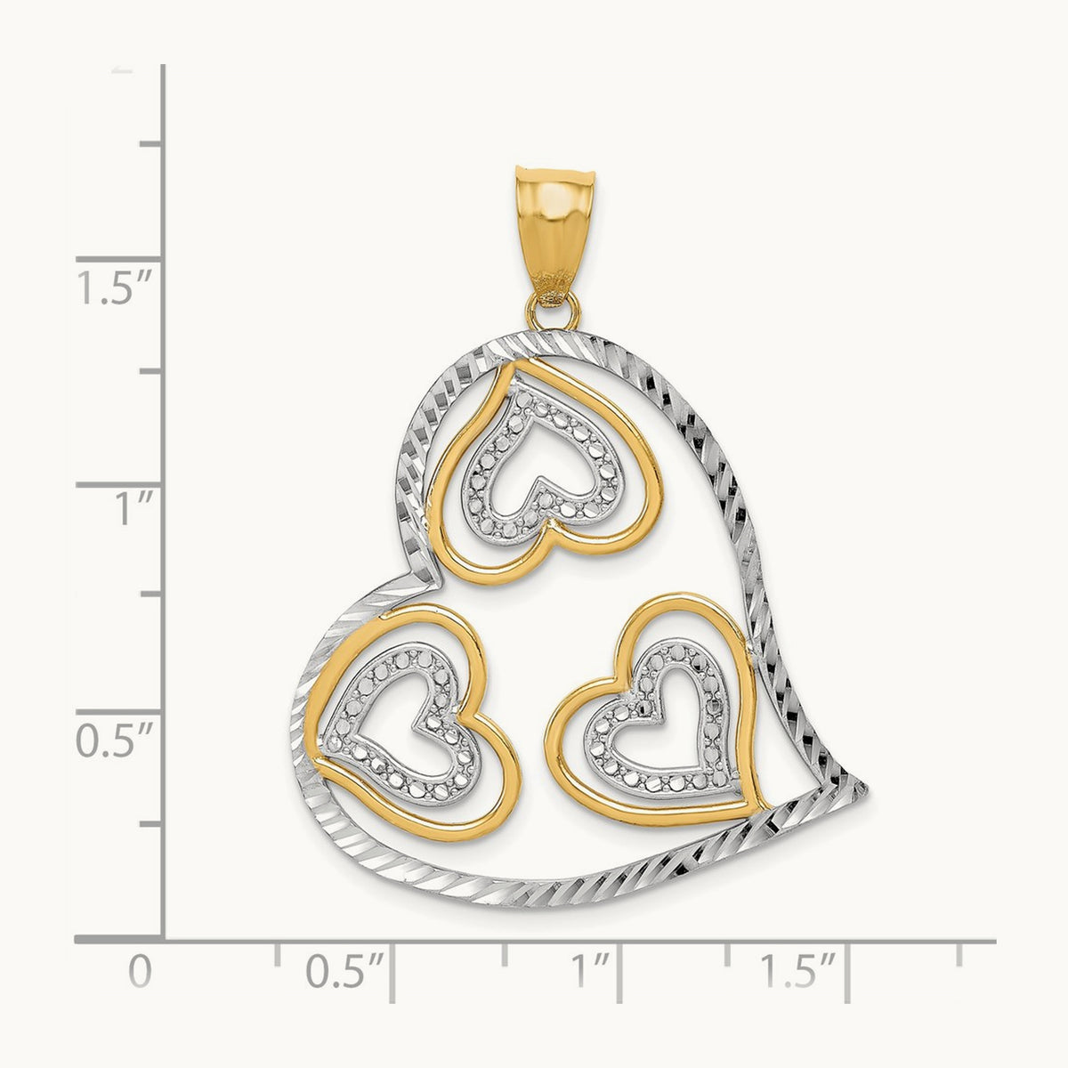 w/ Rhodium Polished Hearts Inside Heart Pendant, 14K
