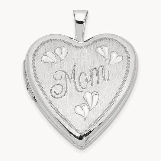 White Gold MOM w/Hearts Heart Locket, 20mm, 14K