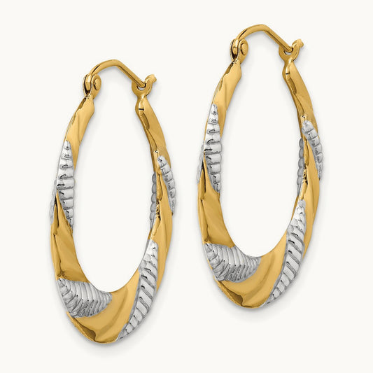 & Rhodium Textured Stamped Hoop Earrings, 14K