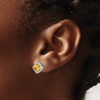 Square Citrine and Diamond Earrings — 14K White Gold, 8.25mm