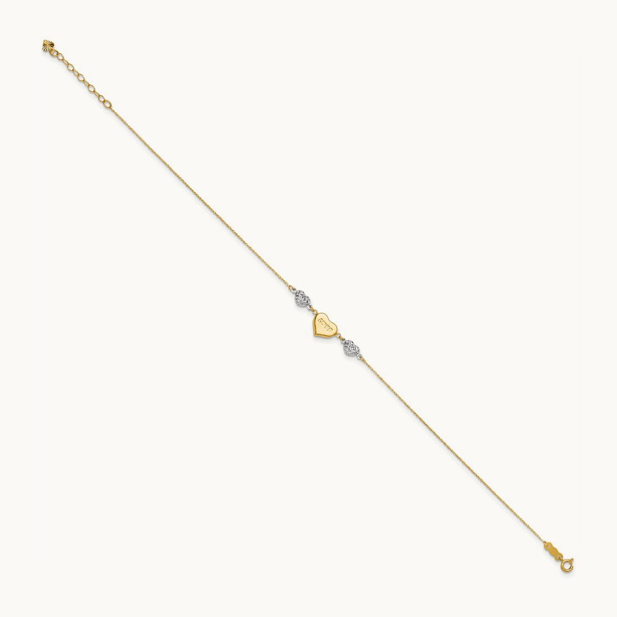 Diamond-cut Puffed Heart LOVE 10in Plus 1in ext. Anklet, 14K Two-tone