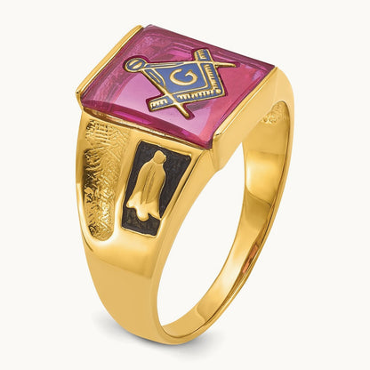 Men's Textured w/ Black Enamel & Lab Cr. Ruby Masonic Ring, 14K