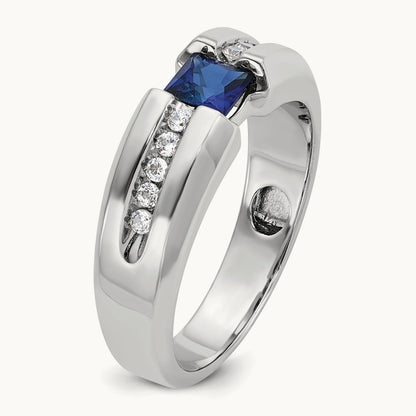 IBGoodman Men's Polished Lab Created Sapphire & Diamond Ring, 14K White Gold