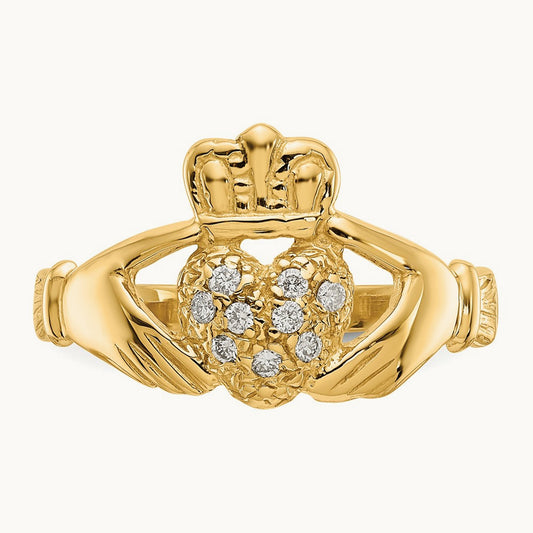 Diamond Claddagh Ring — 14K Yellow Gold