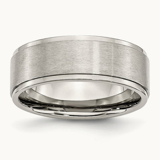 Polished w/Brushed Center Ridged Edge Band, 8mm, Stainless Steel