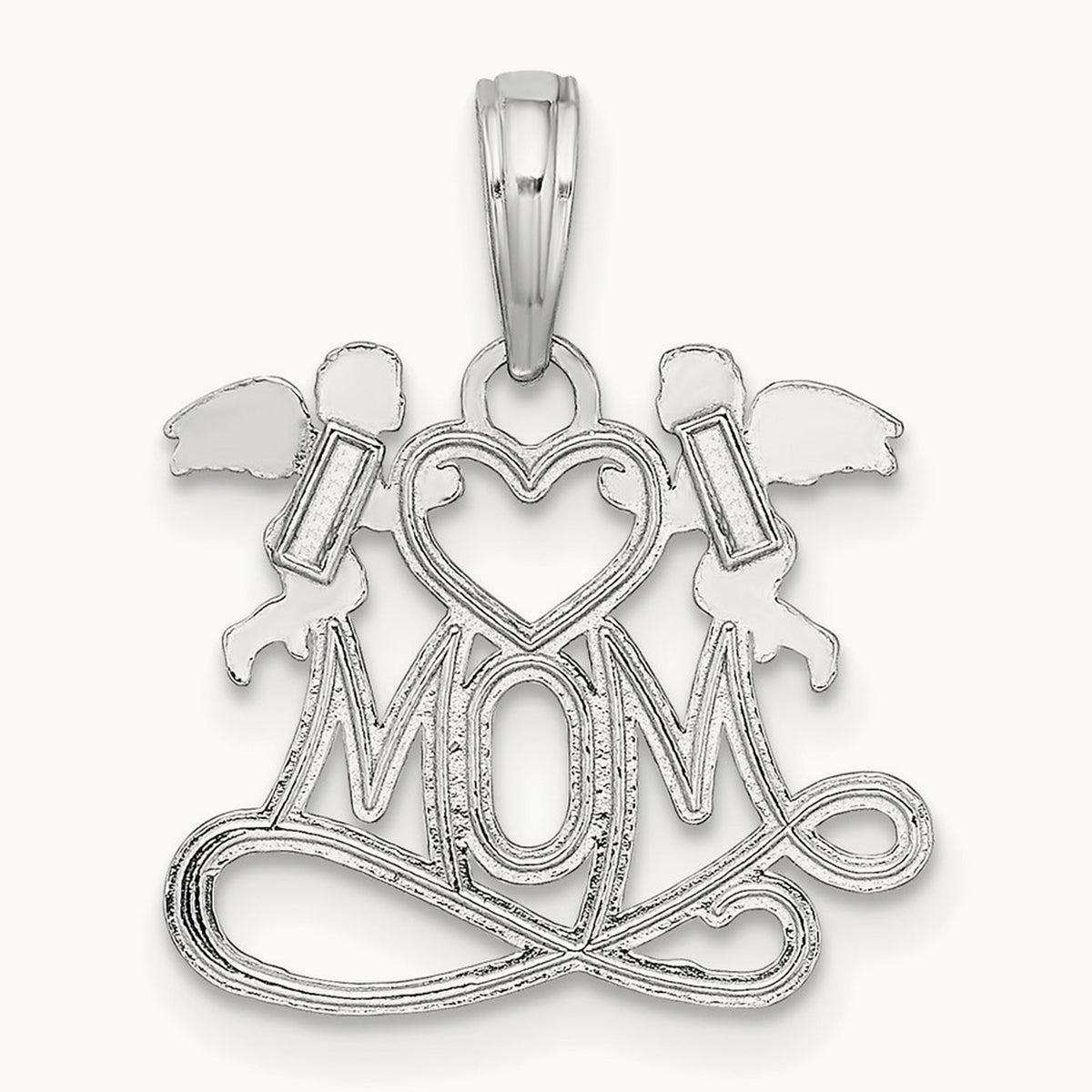 Polished MOM with Heart and Angels Pendant in 14K White Gold