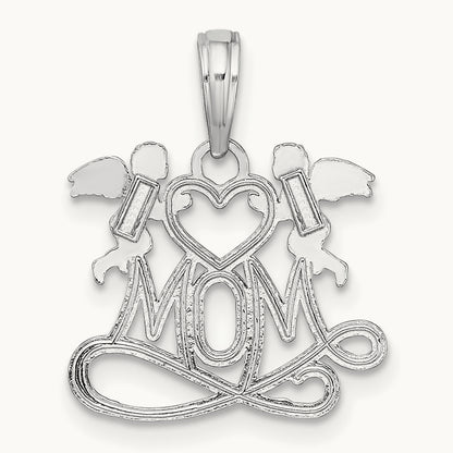 Polished MOM with Heart and Angels Pendant in 14K White Gold