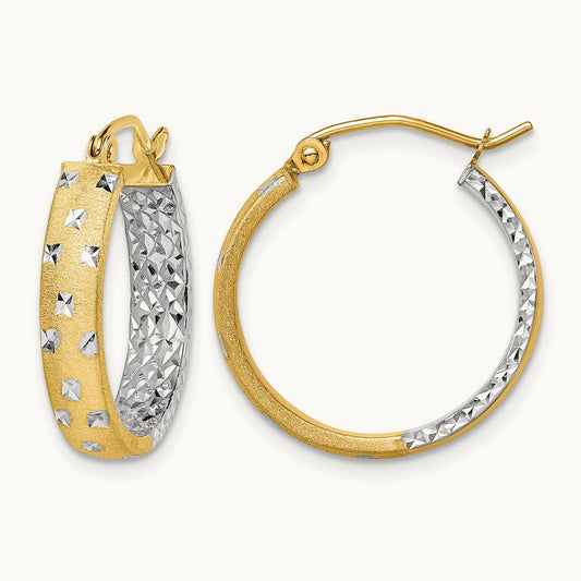 w/White Rhodium Satin Polished Diamond-cut In/Out Hoop Earrings, 14K