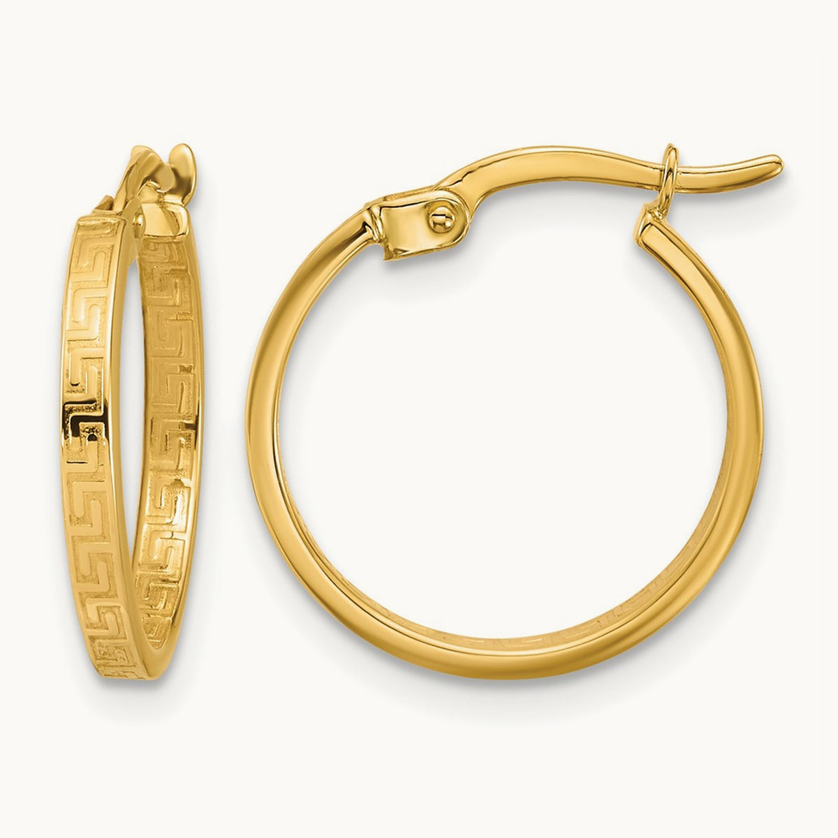 Polished Greek Key Round Hoop Earrings — 16mm