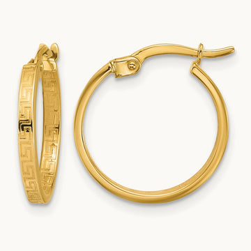 Polished Greek Key Round Hoop Earrings — 16mm