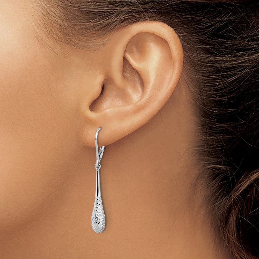 Polished and Diamond-cut Leverback Earrings — 10K White Gold, 44mm
