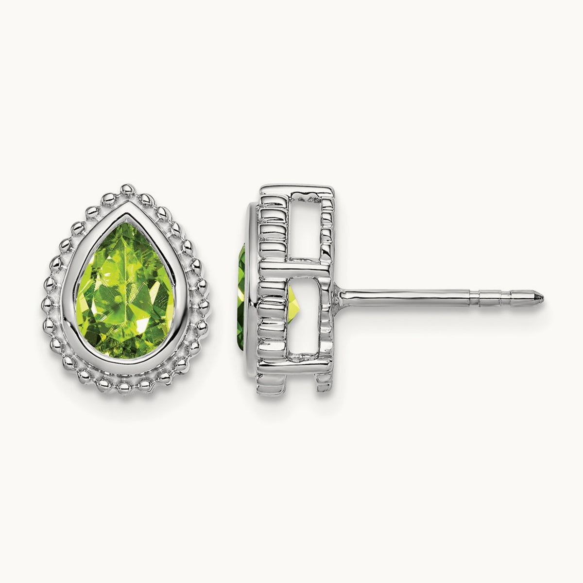 Pear Peridot Post Earrings — 14K White Gold