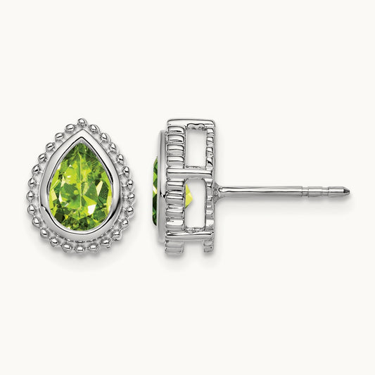 Pear Peridot Post Earrings — 14K White Gold