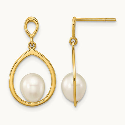 6- Teardrop White FWC Pearl Dangle Earrings, 7mm, 14K