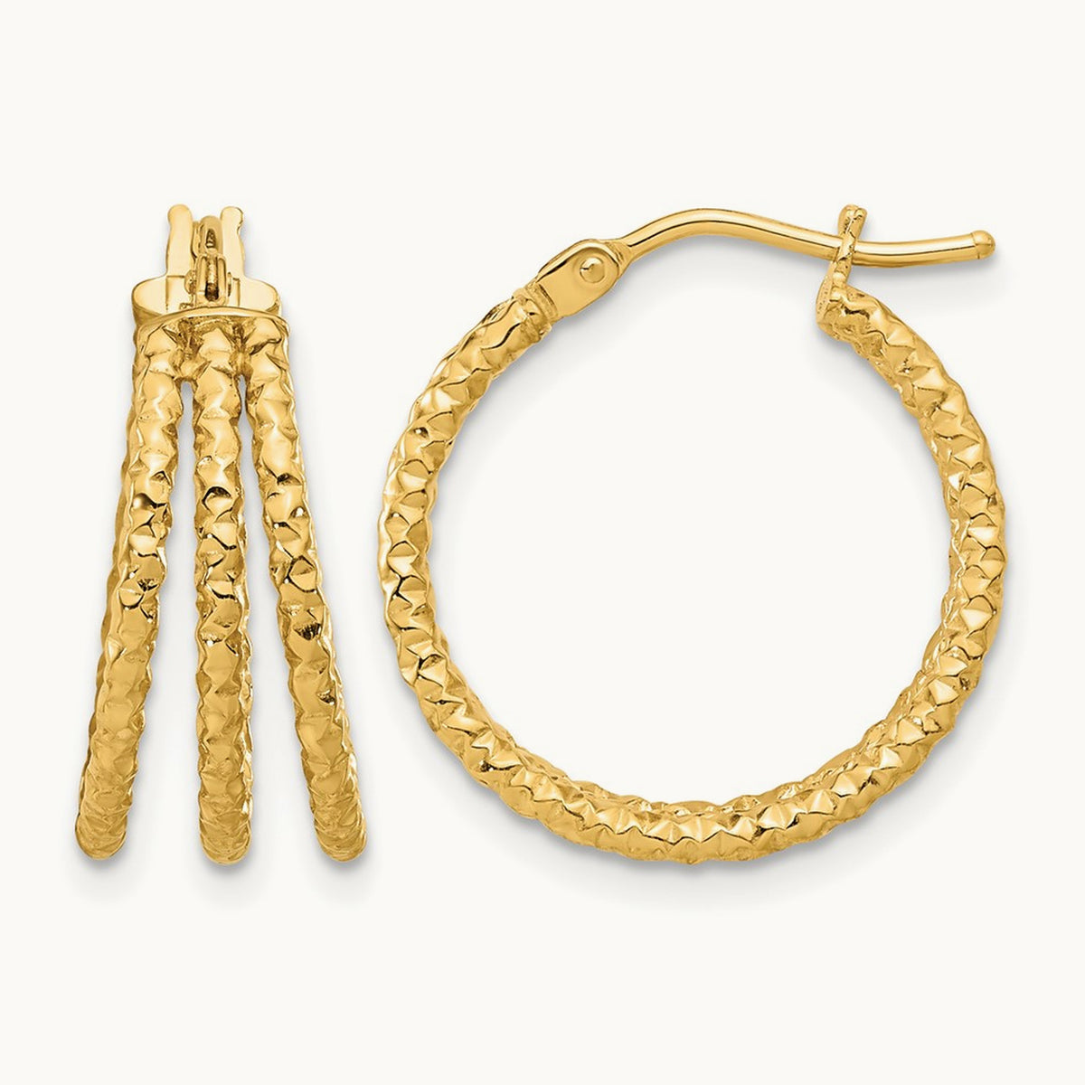 Polished and Textured Three Row Hoop Post Earrings, 14K — Leslie's