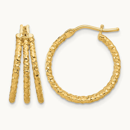 Polished and Textured Three Row Hoop Post Earrings, 14K — Leslie's