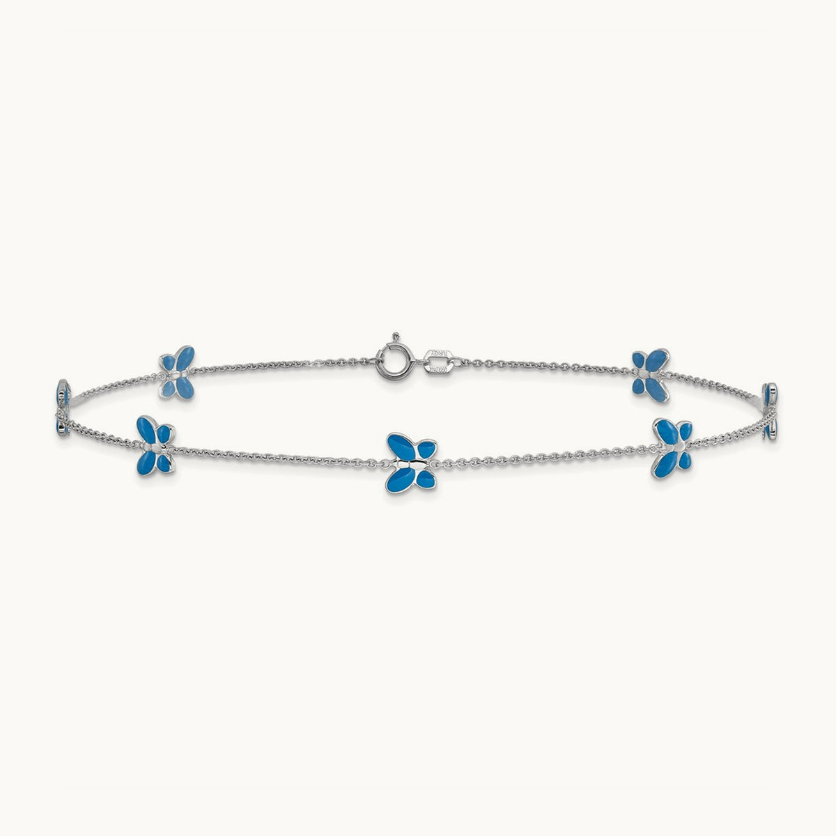 Blue Enameled Butterfly 10inch Anklet, 14K White Gold