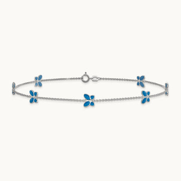 Blue Enameled Butterfly 10inch Anklet, 14K White Gold