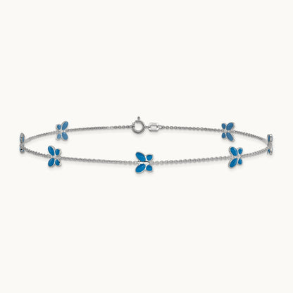 Blue Enameled Butterfly 10inch Anklet, 14K White Gold
