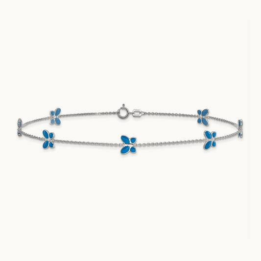 Blue Enameled Butterfly 10inch Anklet, 14K White Gold