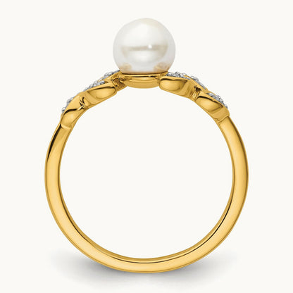 Polished Diamond and Pearl Leaf Fashion Ring, 14K